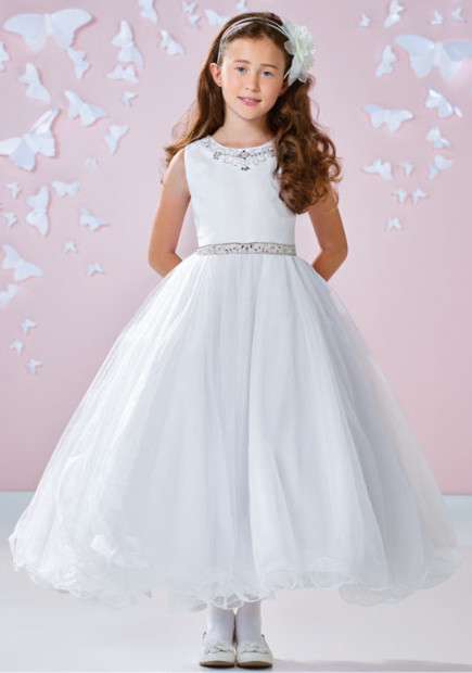 White Ankle Length Satin Tulle Flower Girl Dress Party Dress Pageant Dress Communion Dress