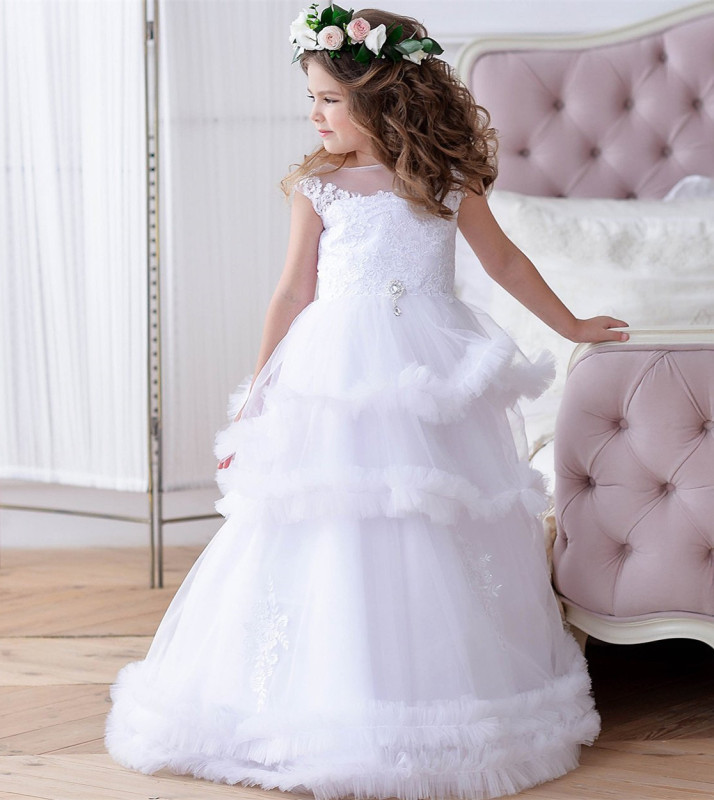 White Full Length Lace Tulle Lace Up Flower Girl Dress Party Dress Pageant Dress Communion Dress
