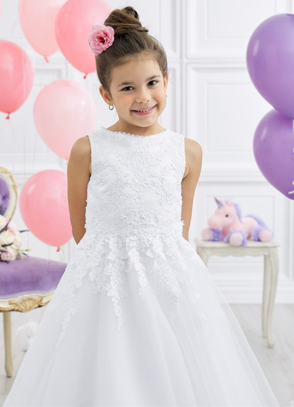 White Full Length Lace Tulle Flower Girl Dress Party Dress Pageant Dress Communion Dress