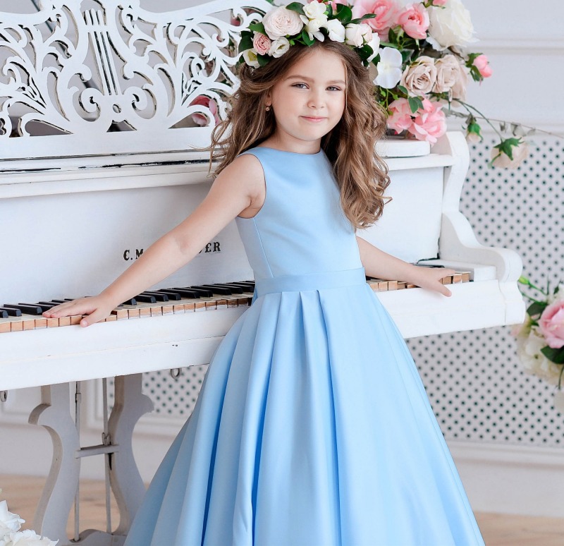 Blue Satin Full Length Flower Girl Dress Party Dress Pageant Dress