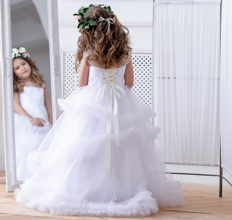 White Full Length Lace Tulle Lace Up Flower Girl Dress Party Dress Pageant Dress Communion Dress