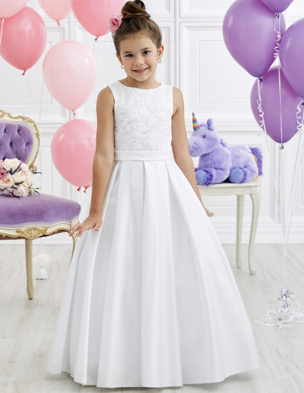 White Full Length Lace Satin Flower Girl Dress Party Dress Pageant Dress Communion Dress