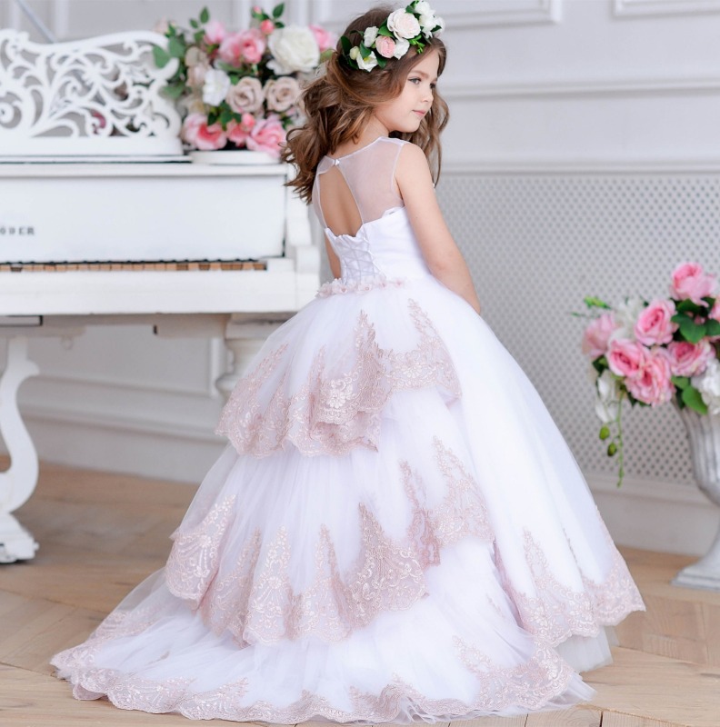 Ivory Short Train Lace Tulle Flower Girl Dress Party Dress Pageant Dress