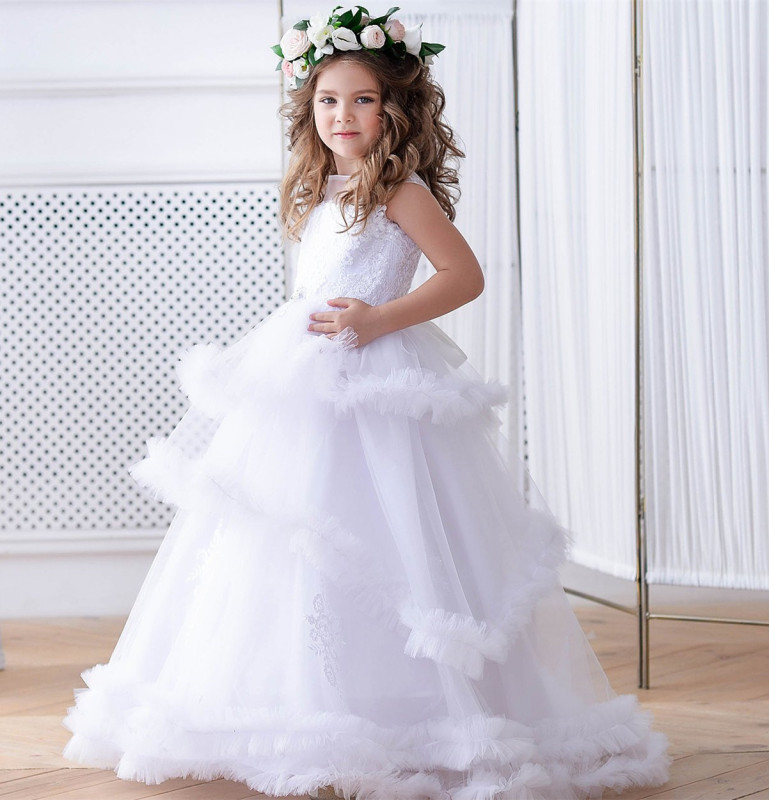 White Full Length Lace Tulle Lace Up Flower Girl Dress Party Dress Pageant Dress Communion Dress