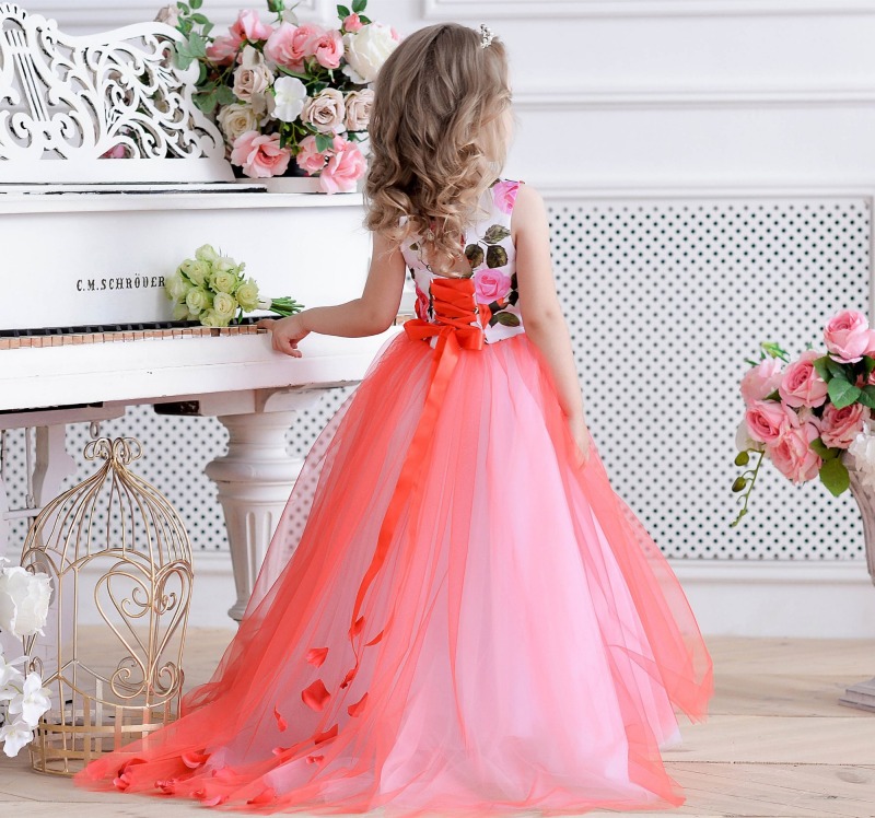 Satin Tulle Lace Up Short Train Flower Girl Dress Party Dress Pageant Dress