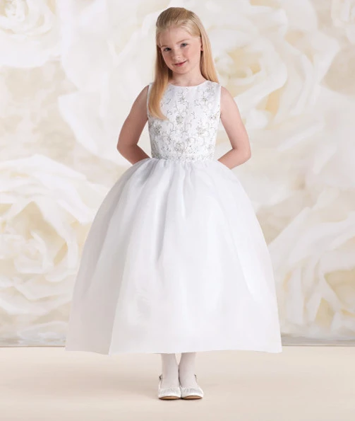White Ankle Length Lace Satin Flower Girl Dress Party Dress Pageant Dress Communion Dress