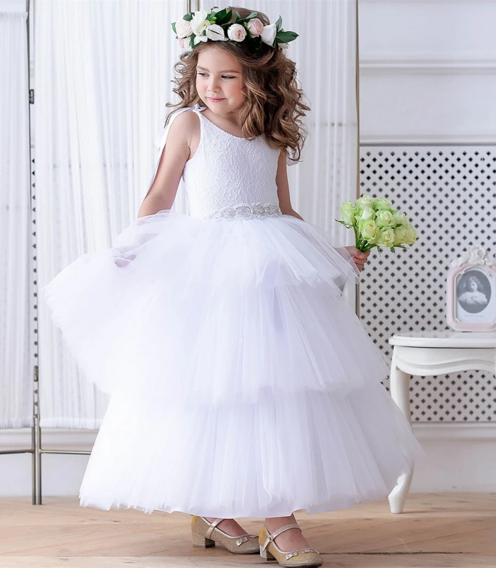 White Ankle Length Cupcake Lace Tulle Flower Girl Dress Party Dress Pageant Dress Communion Dress