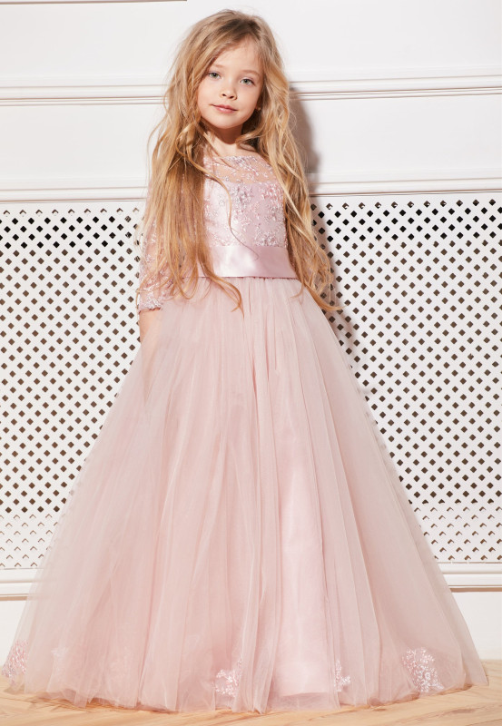 Blush Pink Full Length Lace Tulle Flower Girl Dress Party Dress Pageant Dress