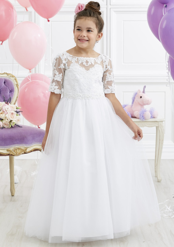 White Full Length Lace Tulle Flower Girl Dress Party Dress Pageant Dress Communion Dress