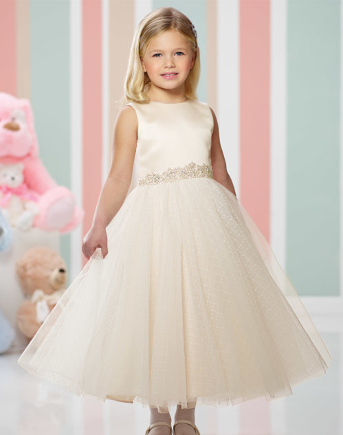 Light Champagne Satin Porka Dots Tea Length Flower Girl Dress Party Dress Pageant Dress Toddler Dress