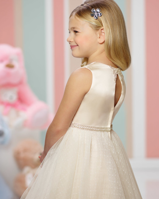 Light Champagne Satin Porka Dots Tea Length Flower Girl Dress Party Dress Pageant Dress Toddler Dress