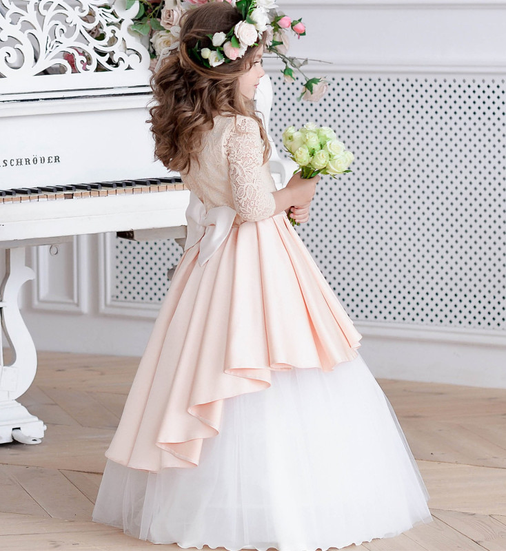 Peach Lace Satin Full Length Flower Girl Dress Party Dress Pageant Dress
