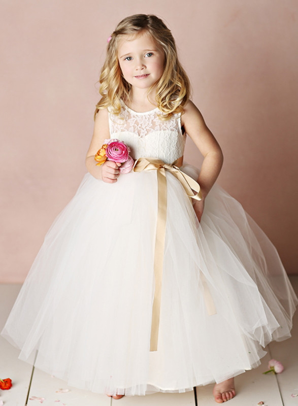 Ivory Lace Tulle Knee Length Flower Girl Dress Party Dress Pageant Dress Toddler Dress
