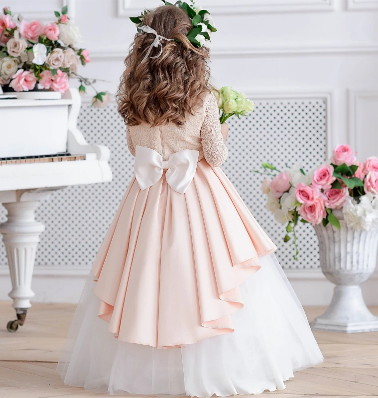 Peach Lace Satin Full Length Flower Girl Dress Party Dress Pageant Dress