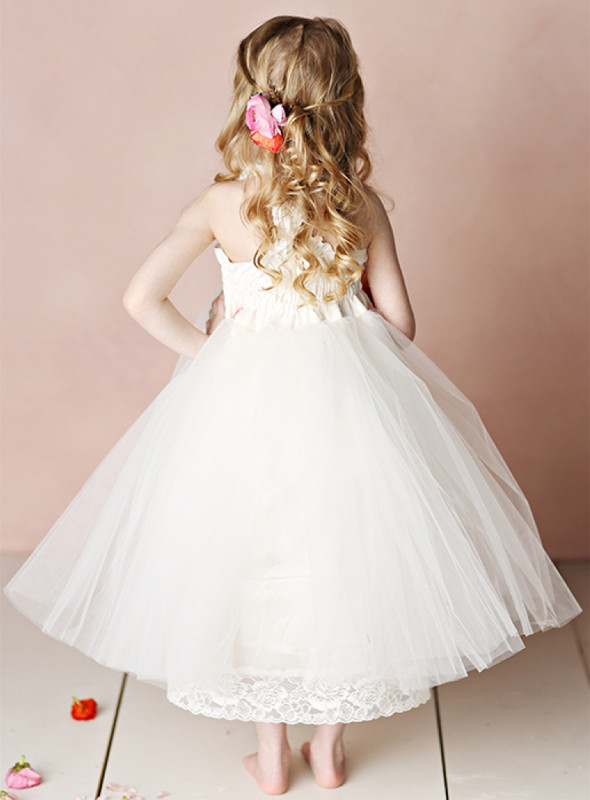 Ivory Cotton Tulle Tea Length Flower Girl Dress