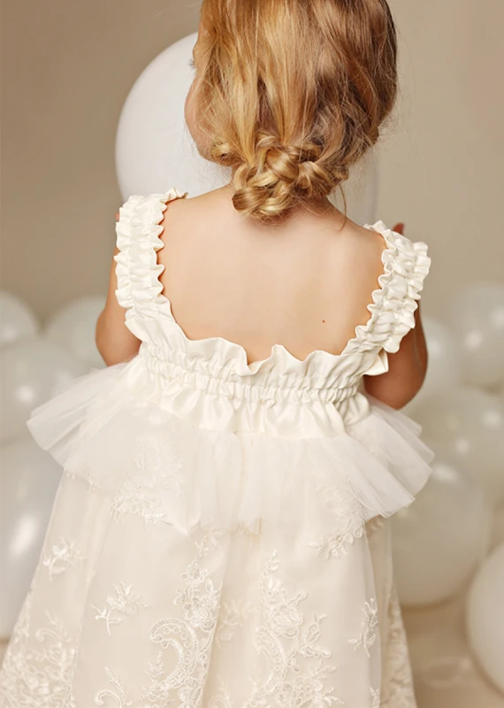 Ivory Lace Cotton Tea Length Flower Girl Dress