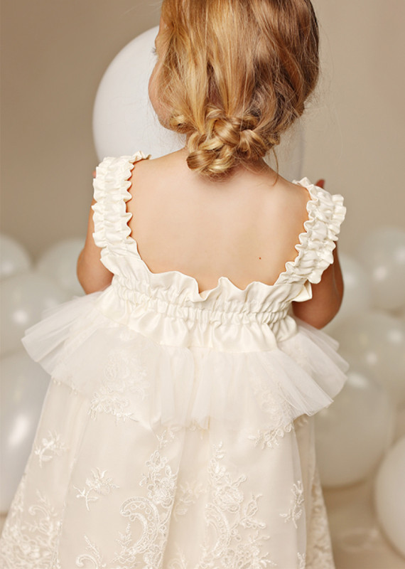 Ivory Lace Cotton Tea Length Flower Girl Dress