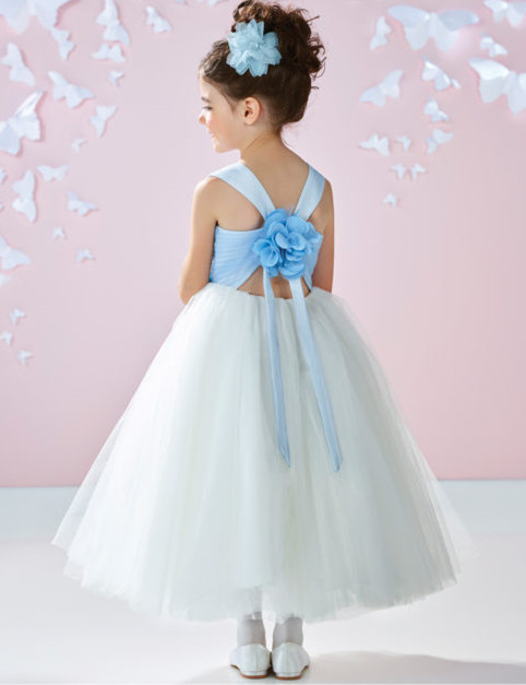 Blue Ivory Tulle Knee Length Flower Girl Dress Party Dress Pageant Dress Toddler Dress