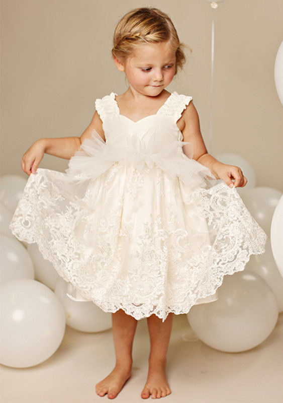 Ivory Lace Cotton Tea Length Flower Girl Dress