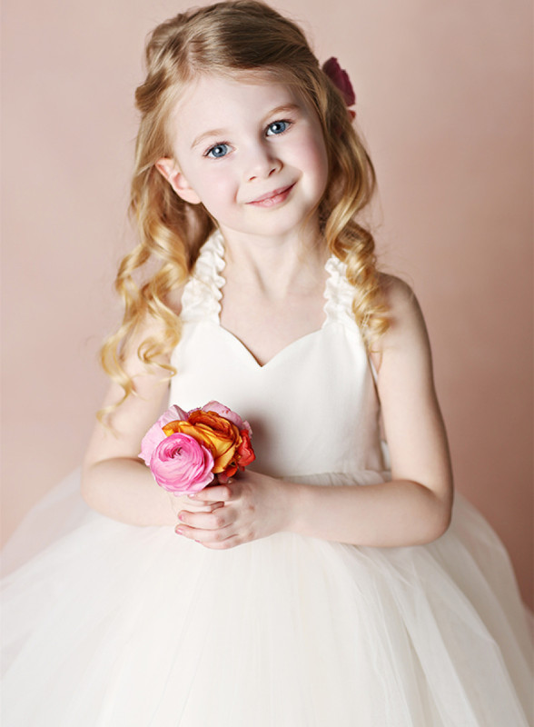 Ivory Cotton Tulle Tea Length Flower Girl Dress