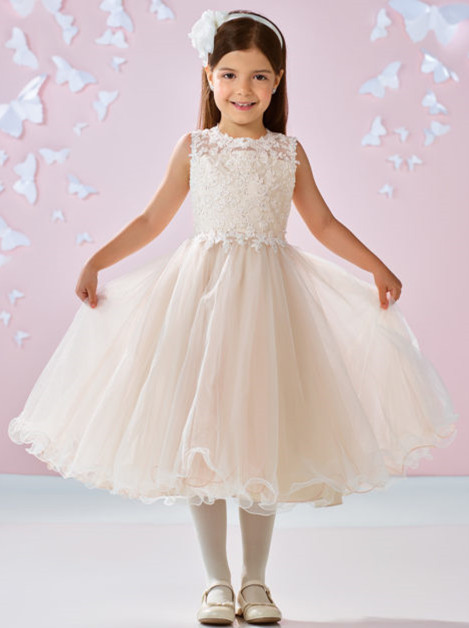 Light Champagne Lace Tulle Tea Length Flower Girl Dress Party Dress Pageant Dress Toddler Dress