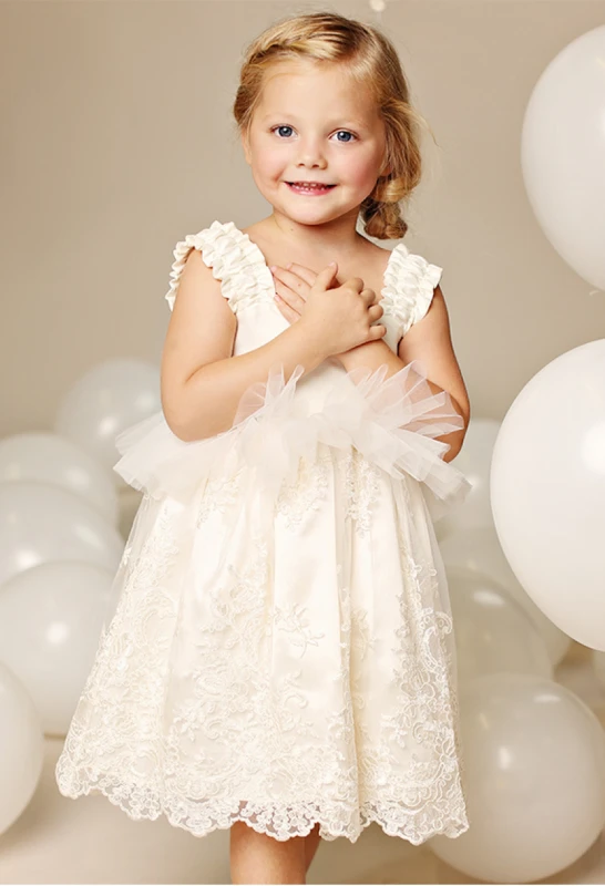 Ivory Lace Cotton Tea Length Flower Girl Dress