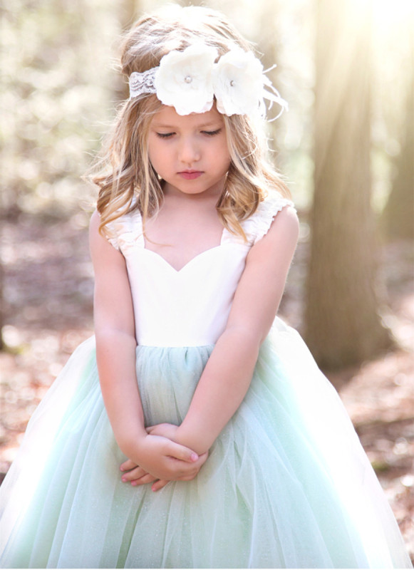 Mint Cotton Tulle Knee Length Flower Girl Dress Party Dress Pageant Dress Toddler Dress