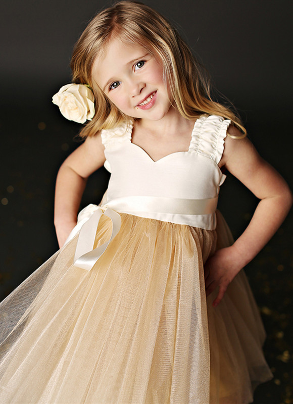 Champagne Ctton Tulle Knee Length Flower Girl Dress Party Dress Pageant Dress Toddler Dress