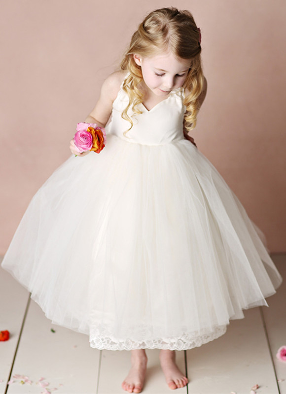 Ivory Cotton Tulle Tea Length Flower Girl Dress