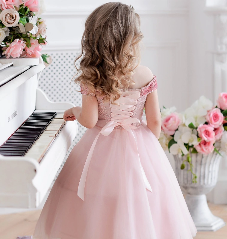 Pink Lace Tulle Lace Up Tea Length Flower Girl Dress Party Dress Pageant Dress Toddler Dress