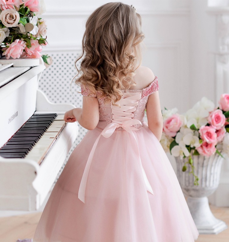 Pink Lace Tulle Lace Up Tea Length Flower Girl Dress Party Dress Pageant Dress Toddler Dress