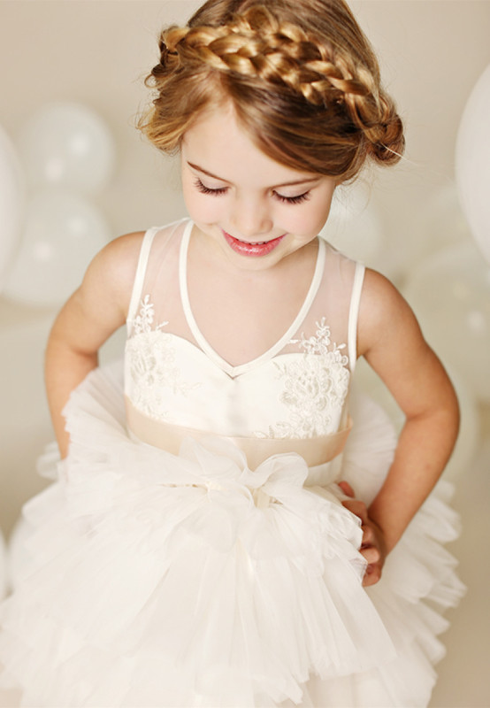 Ivory Lace Tulle Cupcake Knee Length Flower Girl Dress