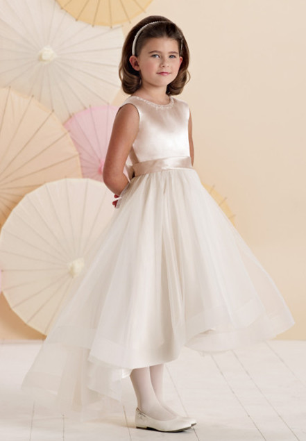 Light Champagne SatinTulle High Low Tea Length Flower Girl Dress Party Dress Pageant Dress Toddler Dress