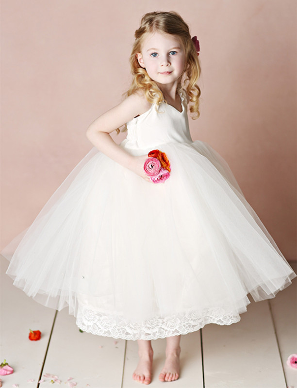 Ivory Cotton Tulle Tea Length Flower Girl Dress