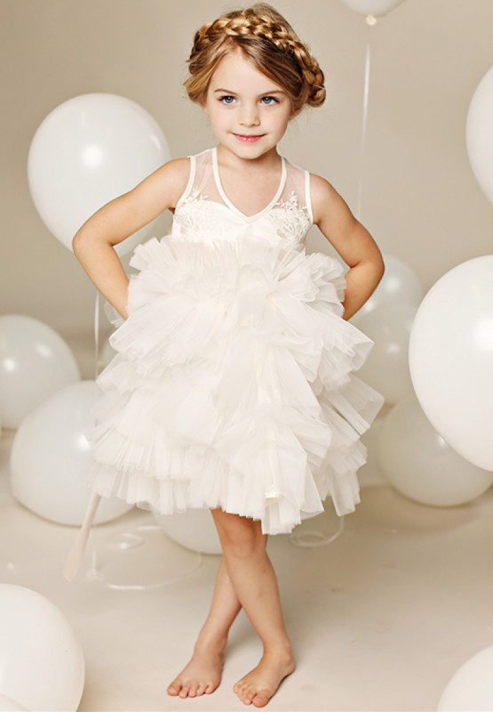 Ivory Lace Tulle Cupcake Knee Length Flower Girl Dress