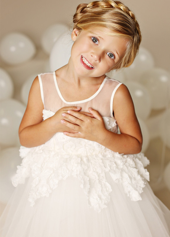 Ivory Lace Tulle Tea Length Flower Girl Dress