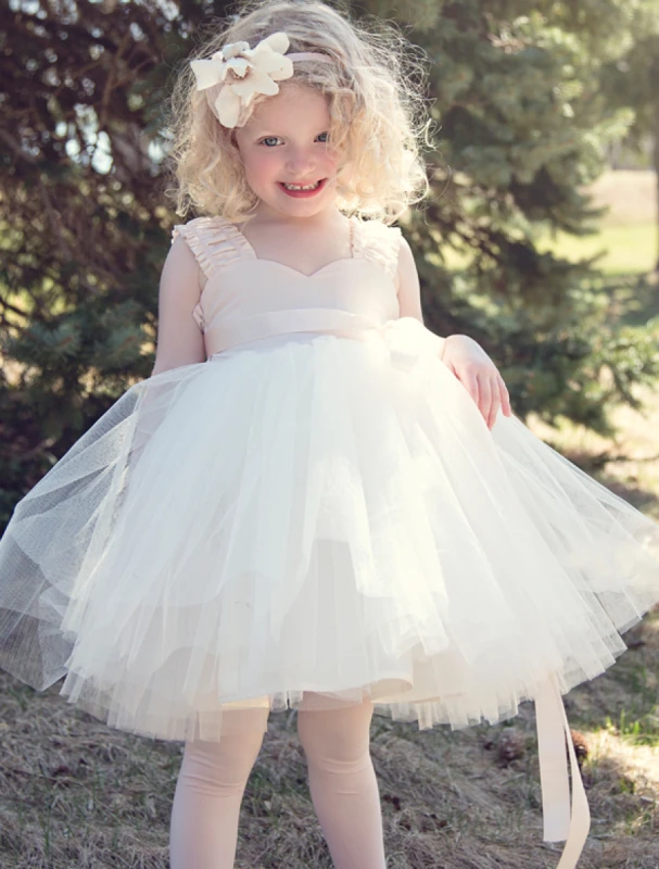 Ivory Cotton Tulle Knee Length Flower Girl Dress Party Dress Pageant Dress Toddler Dress