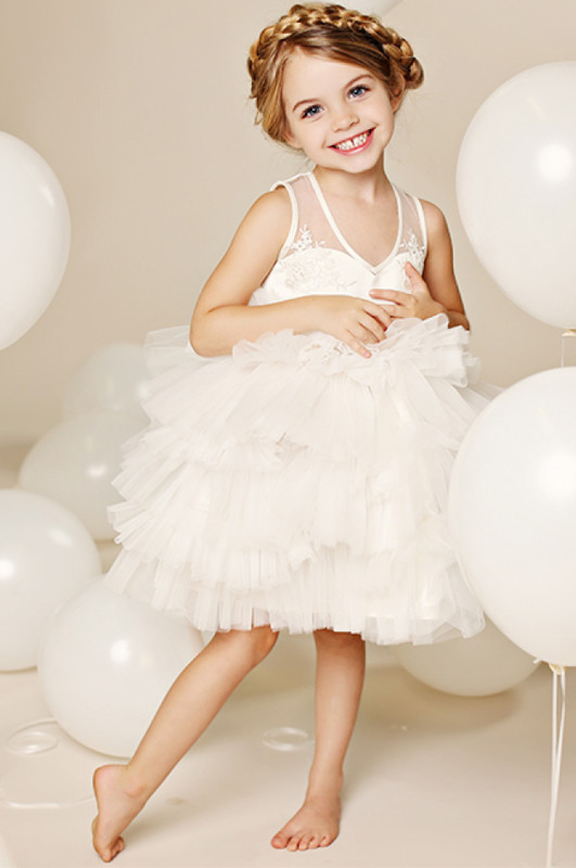 Ivory Lace Tulle Cupcake Knee Length Flower Girl Dress