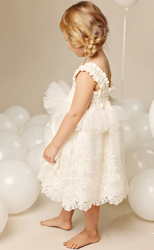 Ivory Lace Cotton Tea Length Flower Girl Dress