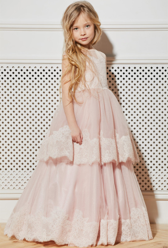 Pink Lace Organza Lace Up Full Length Flower Girl Dress Party Dress Pageant Dress Toddler Dress