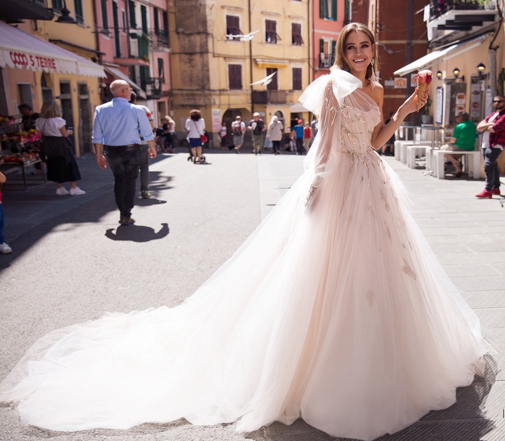 Ivory Lace Tulle Long Train Bridal Gown Wedding Dress