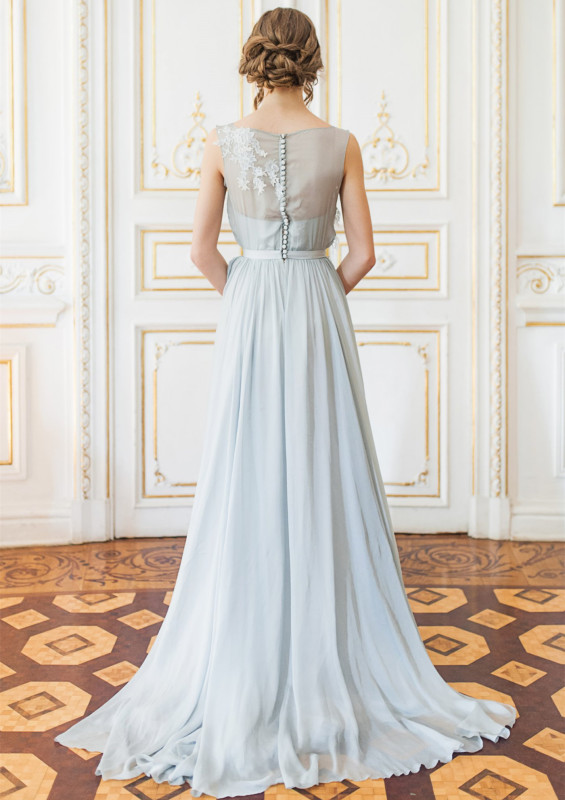 Grey Blue Lace Chiffon Bridal Gown Wedding Dress