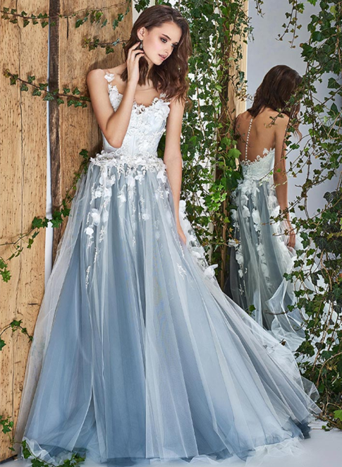 Dusty Blue Lace Tulle Bridal Gown Wedding Dress