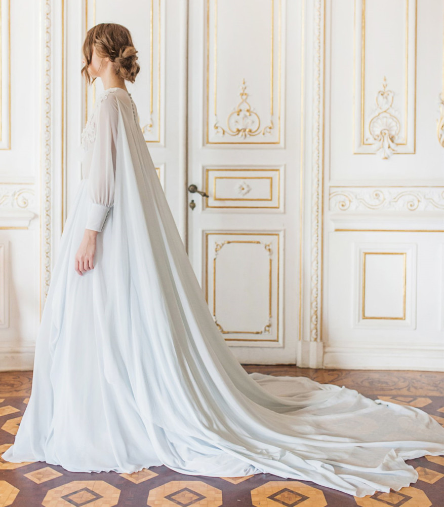 Light Blue Lace Chiffon Bridal Gown Wedding Dress