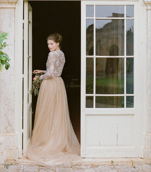 Champagne Lace Tulle Wedding Dress 2 Pieces Bridal Gown