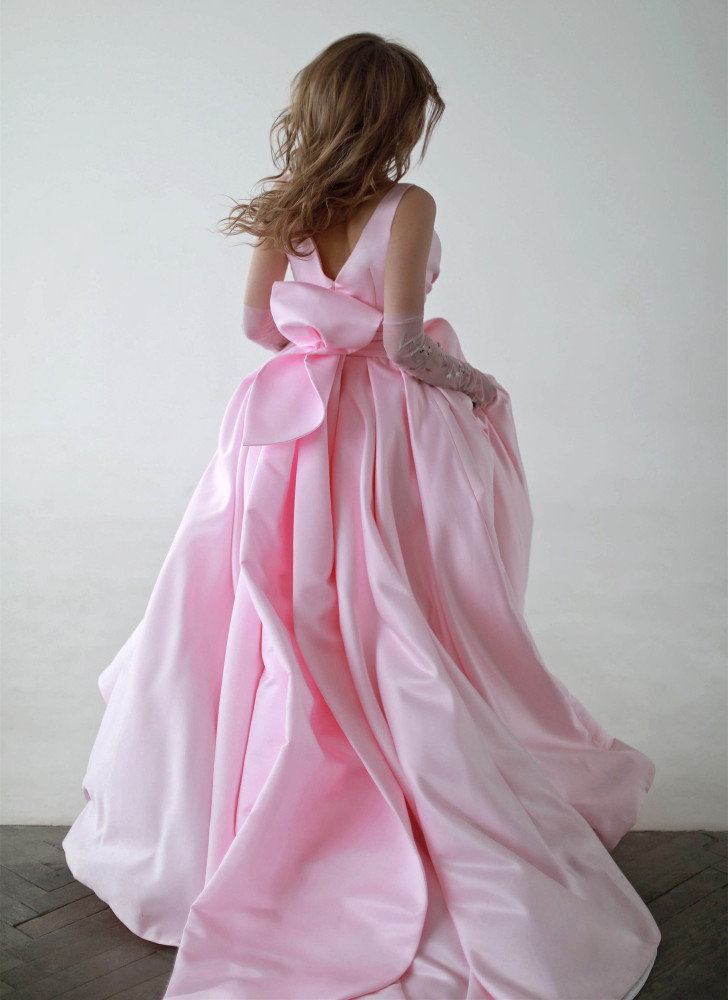 Vback Pink Satin Bridal Gown Wedding Dress