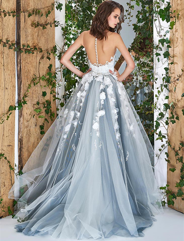 Dusty Blue Lace Tulle Bridal Gown Wedding Dress