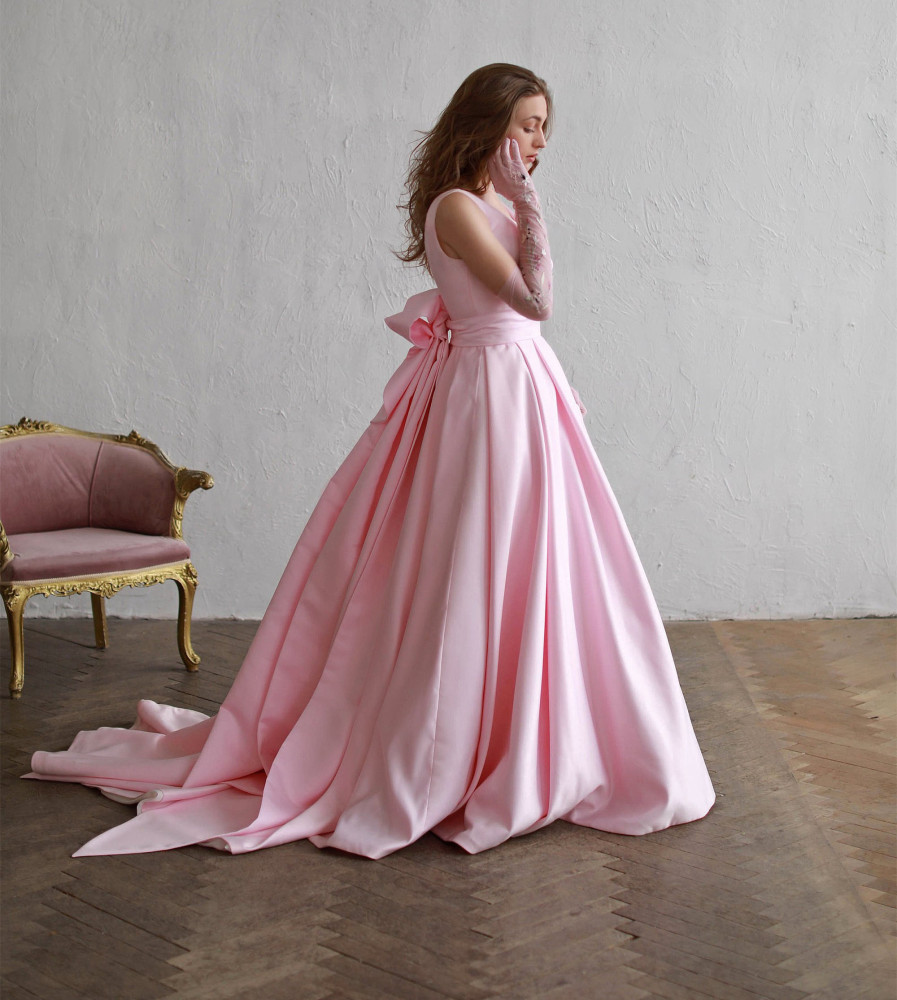 Vback Pink Satin Bridal Gown Wedding Dress