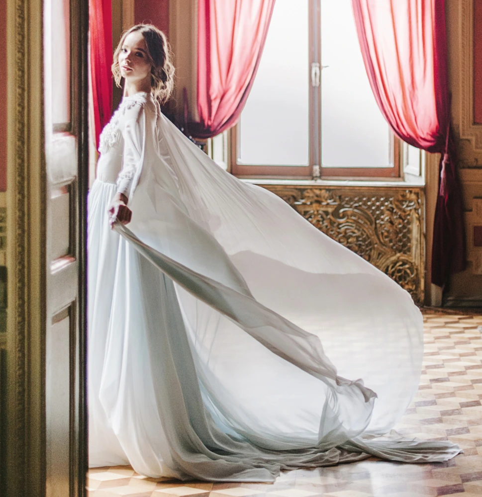 Light Blue Lace Chiffon Bridal Gown Wedding Dress, image size:969x1000