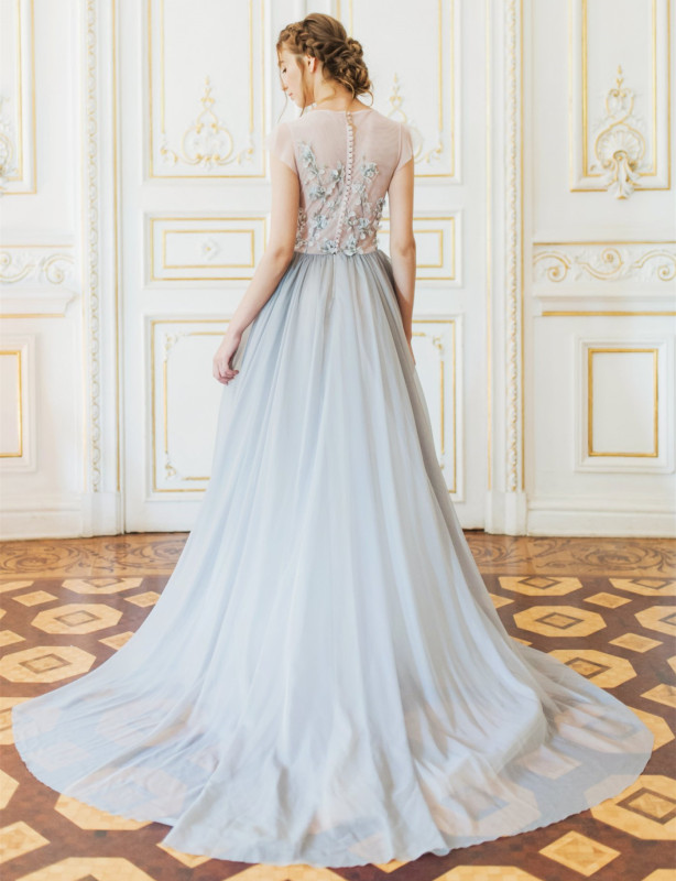 Grey Blue Lace Chiffon Bridal Gown Wedding Dress